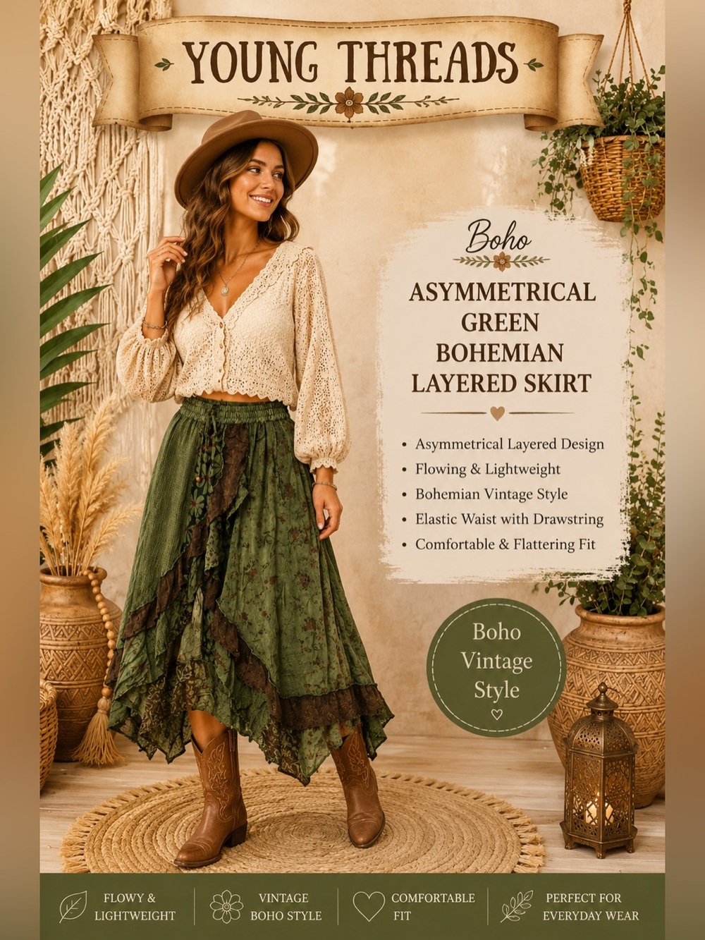 163 Young Threads Asymmetrical Green Bohemian Layered Skirt